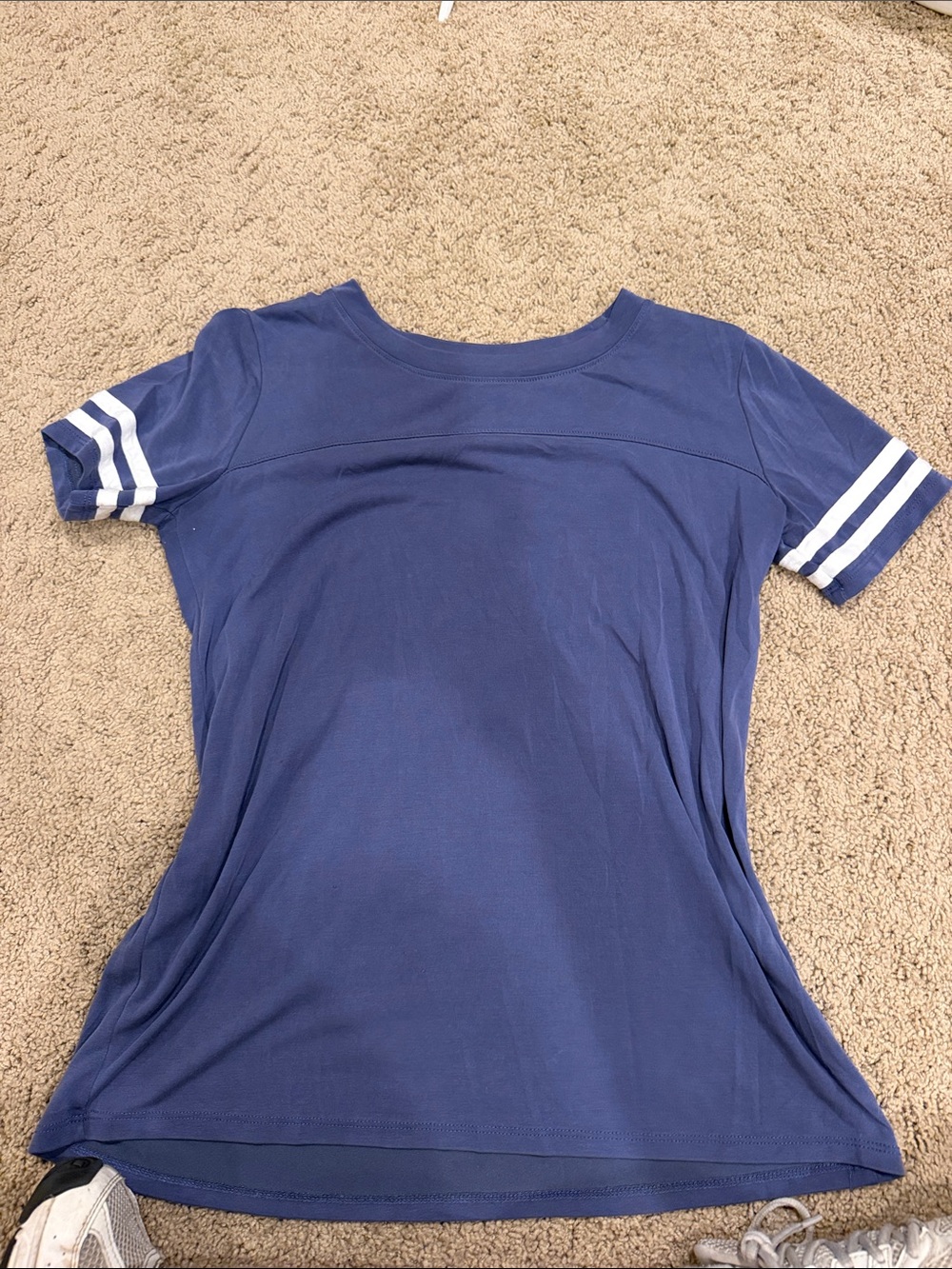 Women's Navy Short-Sleeve Athletic Tee with White Sleeve Stripes